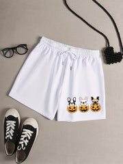 Women's Plus Pumpkin & Puppy Print Drawstring Elastic Waist Shorts