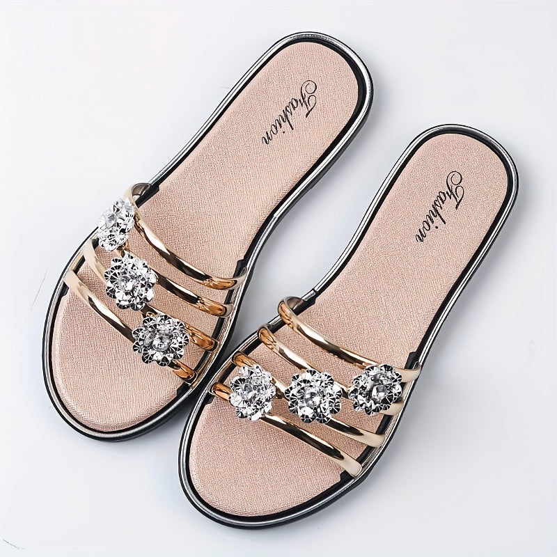 Rhinestone Flat Slides Open Toe Non Slip Shoes
