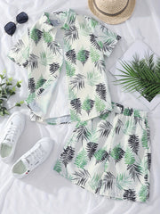 2pcs Hawaii Boys Leaf Graphic Print Short Sleeve T shirt&Shorts Set