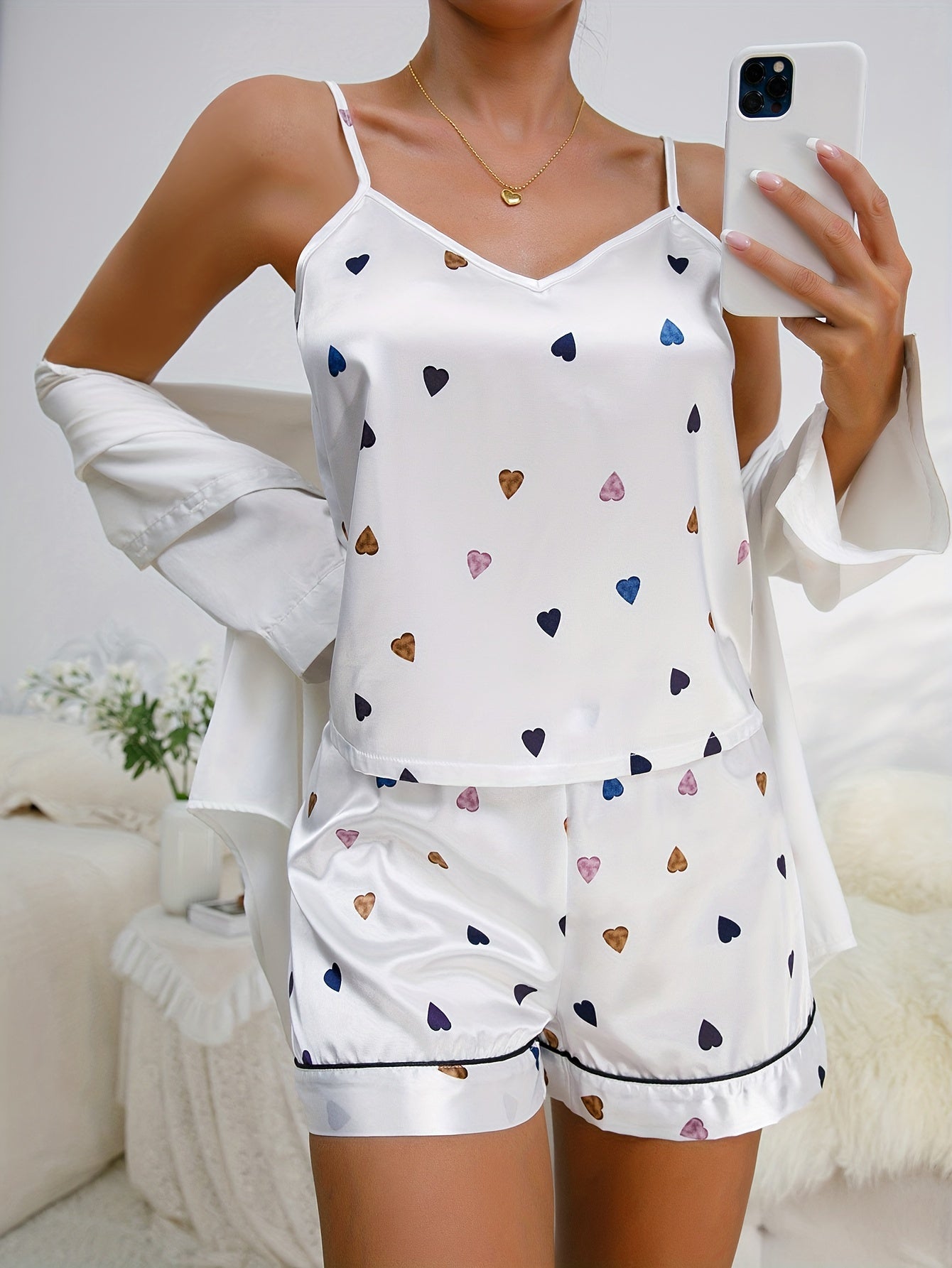 Heart Print Pajama Set V Neck Cami Top & Elastic Waistband Shorts