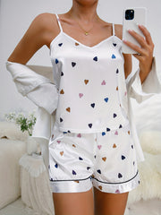 Heart Print Pajama Set V Neck Cami Top & Elastic Waistband Shorts