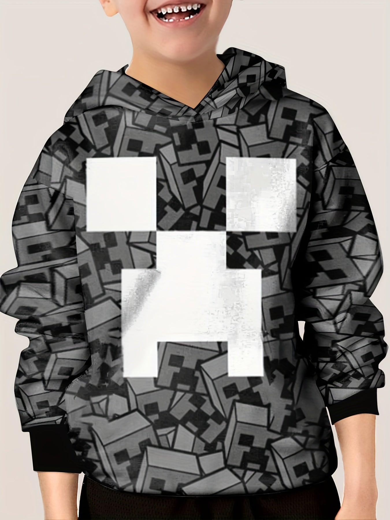 Cube Face Pattern Hoodie For Kids Unisex Pullover Casual Hooded Long Sleeve Top