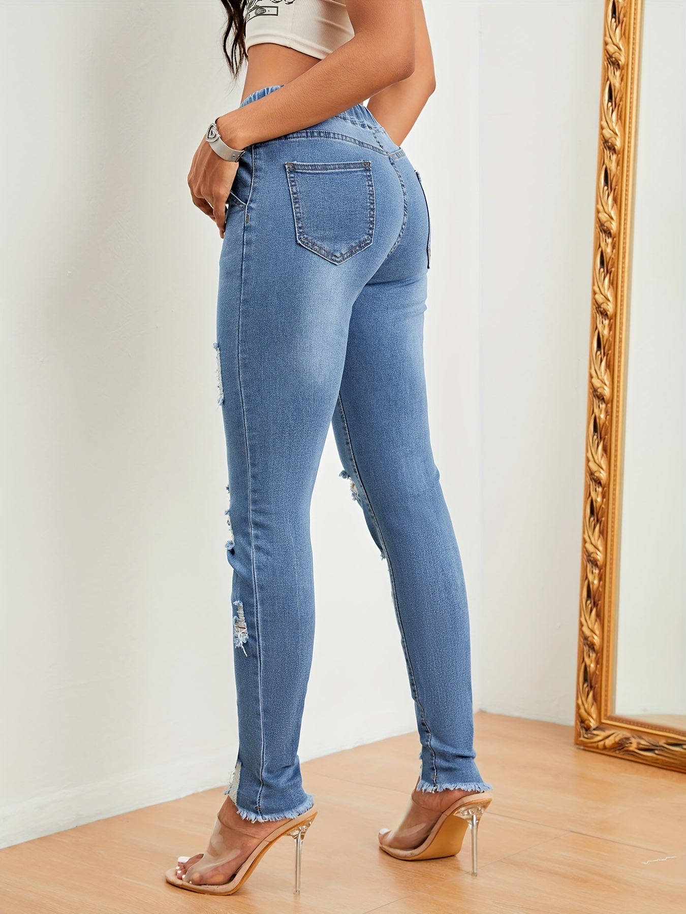 Distressed Denim Pants Raw Trim Drawstring Elastic Waist