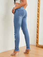 Distressed Denim Pants Raw Trim Drawstring Elastic Waist