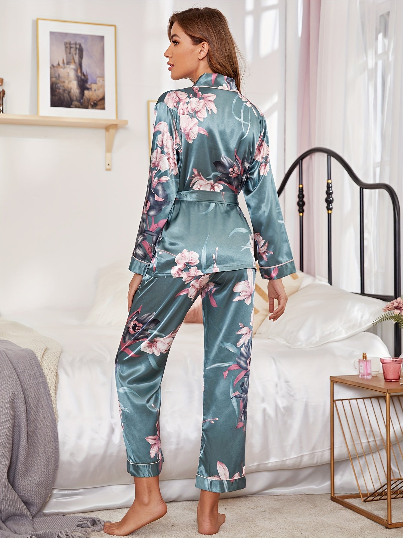 Floral Print Pajama Set with Robe & Pants