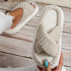 Plush Cross Strap Platform Slippers - Comfortable Home Shoes