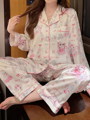 Cartoon Print Pajama Set Long Sleeve Top & Pants Women's Sleepwear