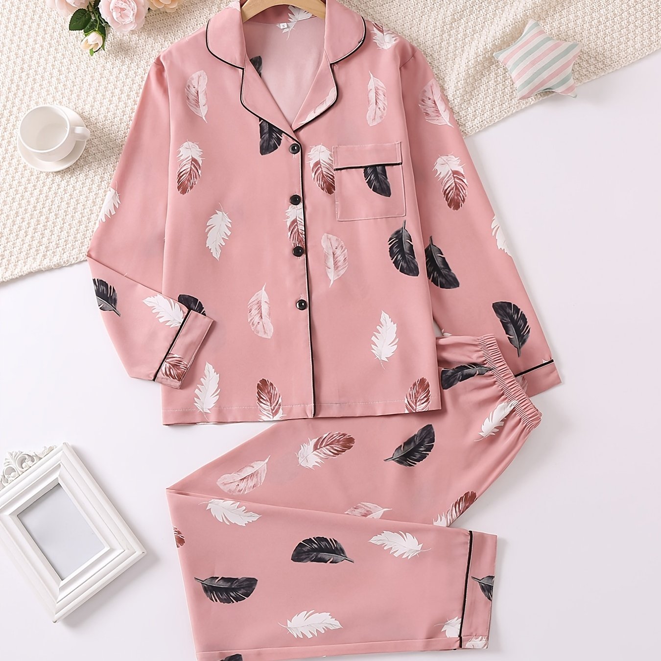 Feather Print Pajamas Set Cardigan Top & Pants Loungewear