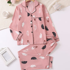 Feather Print Pajamas Set Cardigan Top & Pants Loungewear