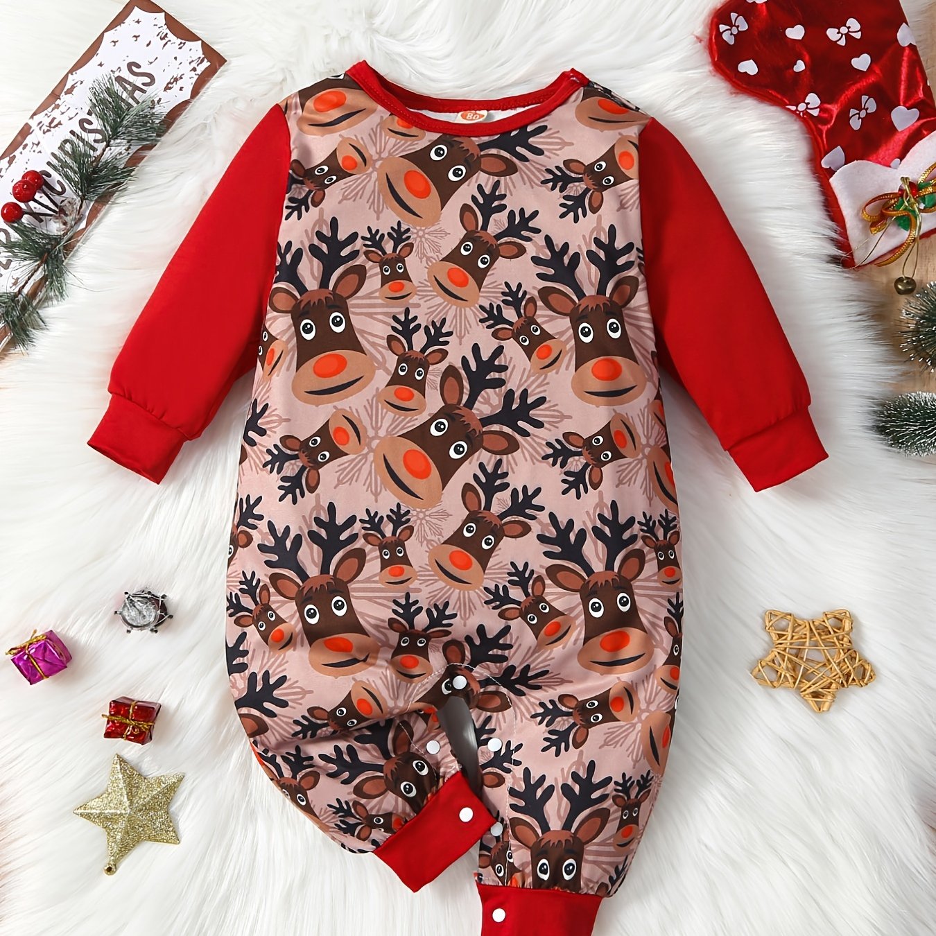 Christmas Elk Print Baby Romper Long Sleeve Jumpsuit