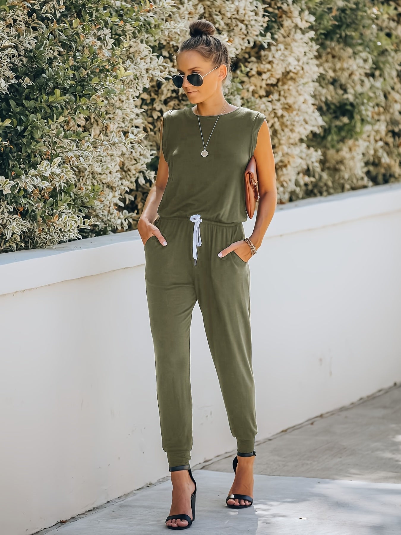Solid Drawstring Jumpsuit Crew Neck Elastic Waist Women's Clothing