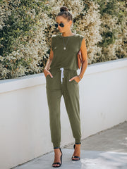 Solid Drawstring Jumpsuit Crew Neck Elastic Waist Women's Clothing