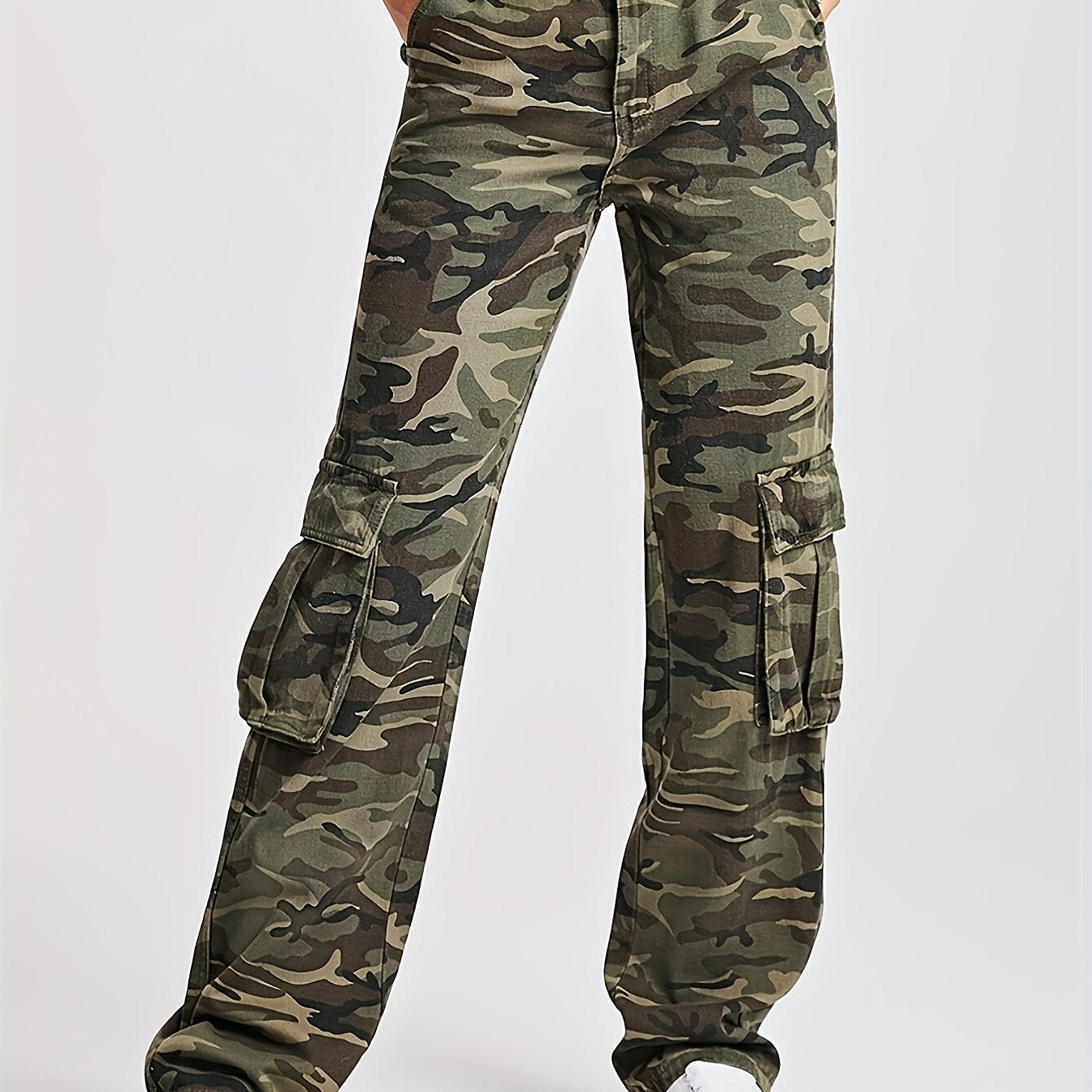 Camo Flap Pockets Straight Jeans High Waist Loose Fit Cargo Denim Pants