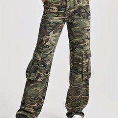 Camo Flap Pockets Straight Jeans High Waist Loose Fit Cargo Denim Pants