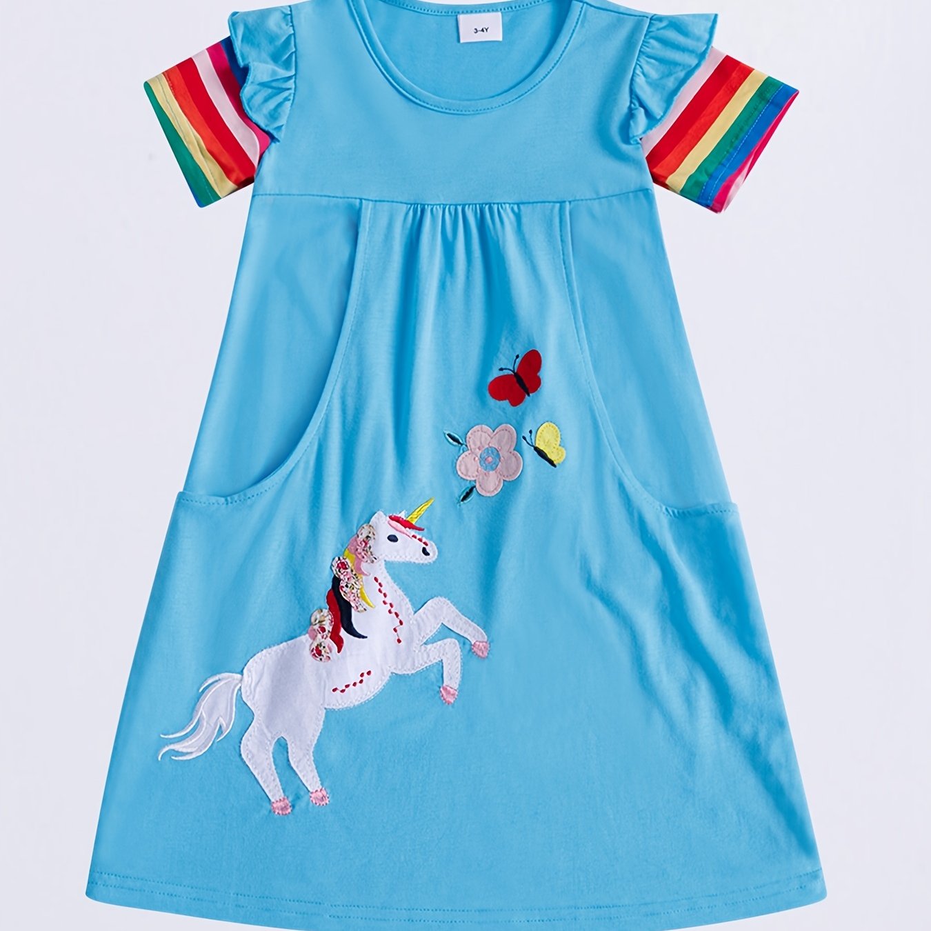 Girls Cartoon Dress Rainbow Strips Unicorn Flower Butterfly Embroidery