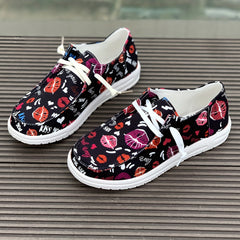Women's Skateboard Shoes Heart & Lips Pattern Canvas Flat Lace-up Shoes