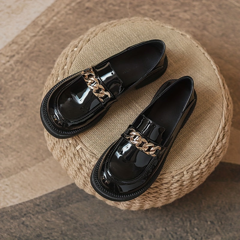 Women's Chunky Heel Loafers with Metallic Chain Detail
