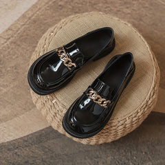 Women's Chunky Heel Loafers with Metallic Chain Detail
