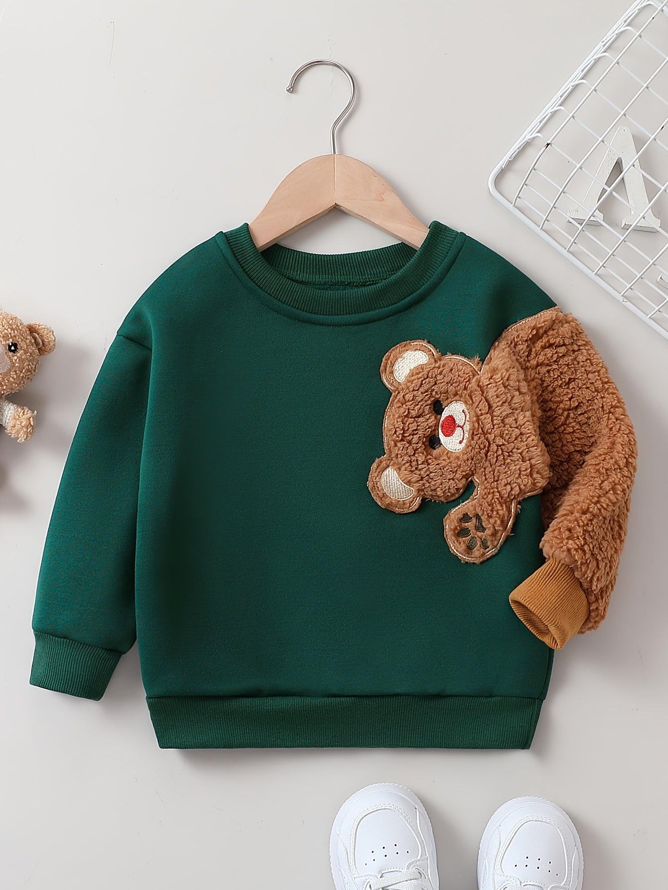 Bear Print Boys Casual Pullover Sweatshirt Long Sleeve Crew Neck Tops