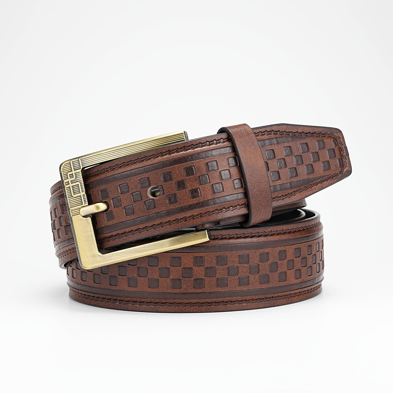 Men's Plaid Embossed Belt with Alloy Pin Buckle