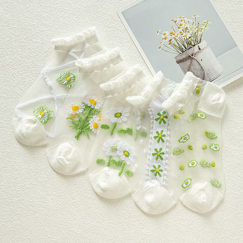5 Pairs Floral Print Mesh Socks - Ruffle Ankle Stockings