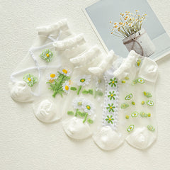 5 Pairs Floral Print Mesh Socks - Ruffle Ankle Stockings