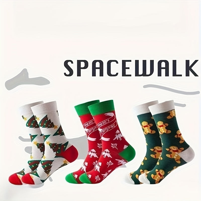 3 Pairs Christmas Print Socks Comfy & Breathable Mid Tube Women's Stockings