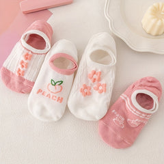 Peach & Floral Print Ankle Socks Women's Stockings