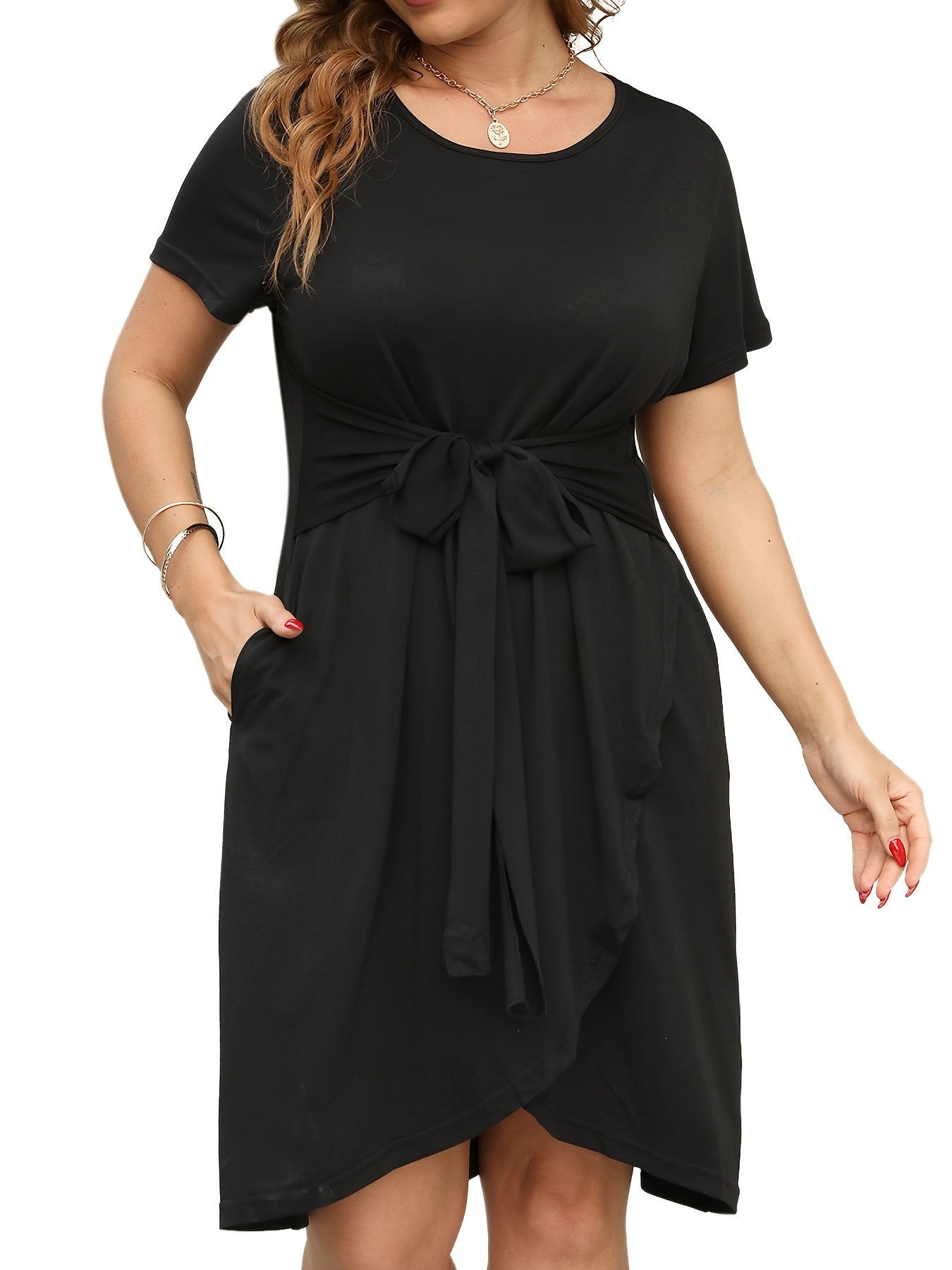 Short Sleeve Belted Dress With Pockets