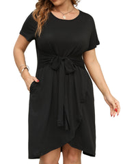 Short Sleeve Belted Dress With Pockets