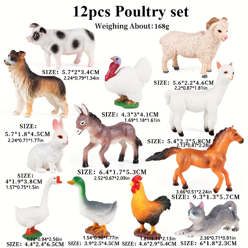 Realistic Farm Animal Set - 12pcs PVC Model Pigs Turkeys Sheep Rabbits