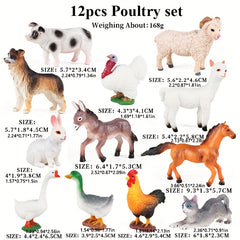Realistic Farm Animal Set - 12pcs PVC Model Pigs Turkeys Sheep Rabbits