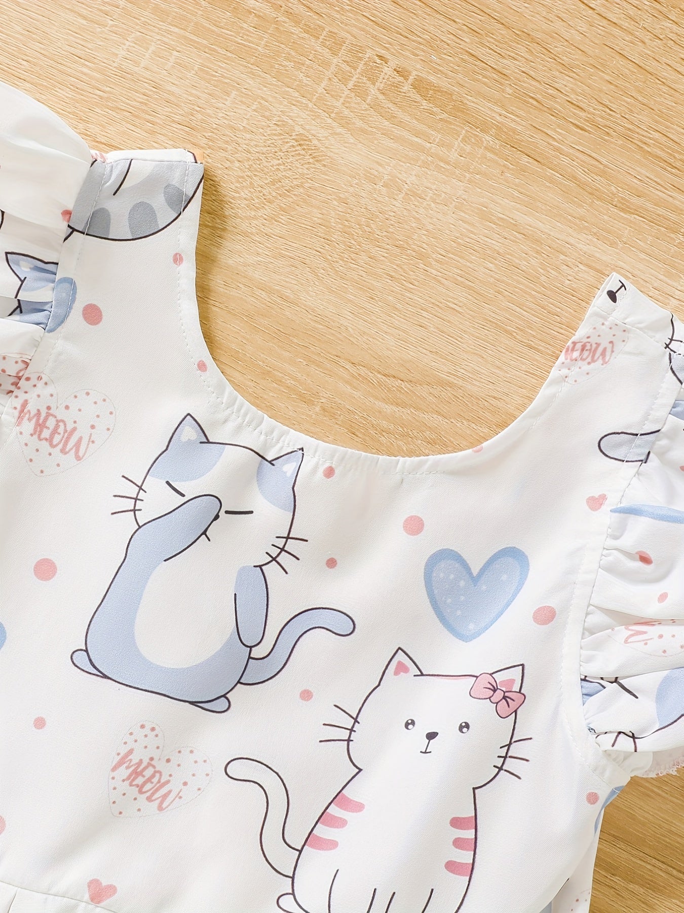 Toddler Girls Ruffle Trim Cat Graphic Backless Bow Princess Dress