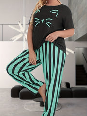 Cat Print Pajama Set Women's Plus Short Sleeve Top & Striped Pants