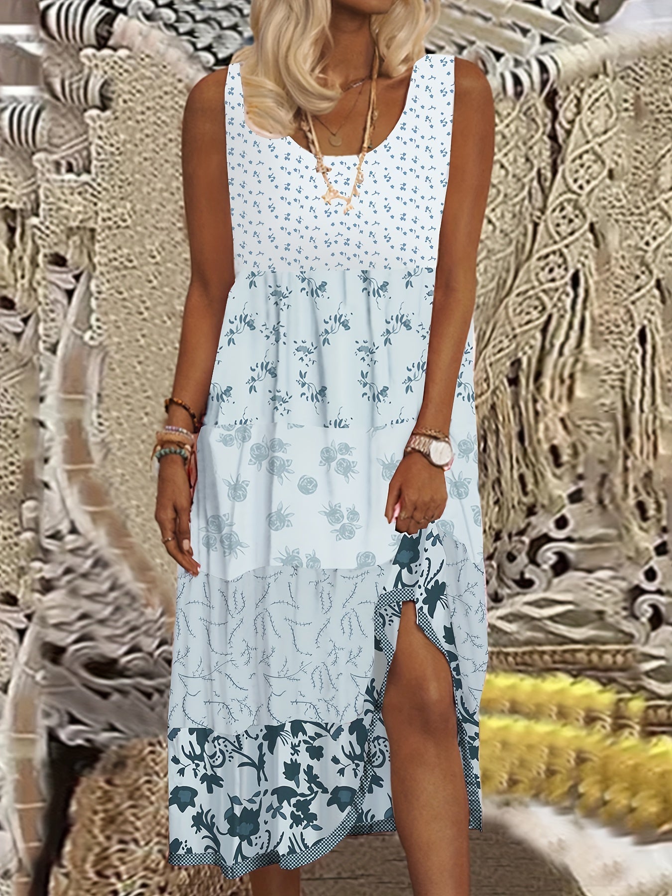 Colorblock Floral Print Tank Dress