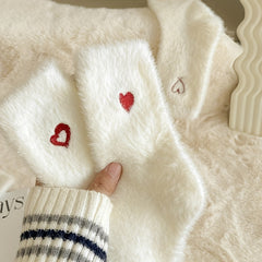 5 Pairs Heart Embroidery Socks Warm & Comfy Fuzzy Stockings