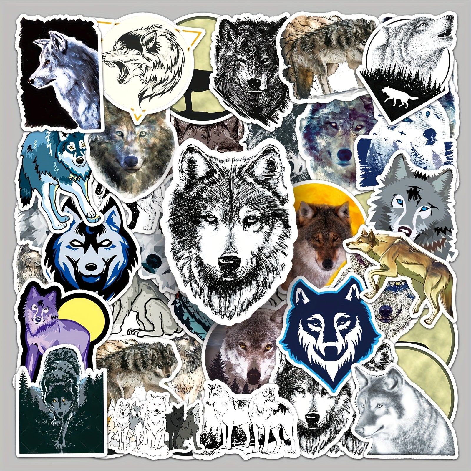 50pcs Wolf Pattern Waterproof Stickers for Water Bottles Laptops Scrapbooks