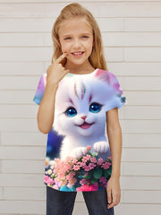 Breathable Cat Graphic T-shirt For Girls Summer Gift Sports