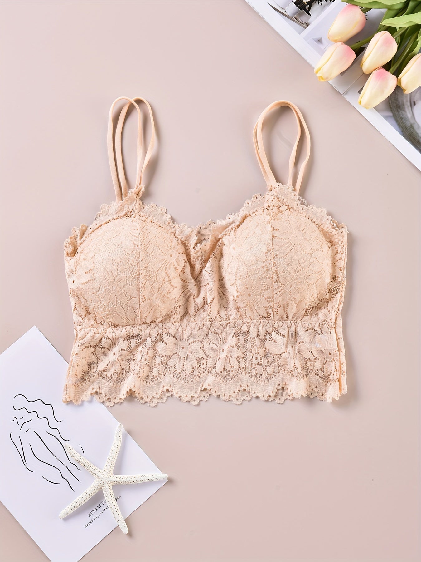 3pcs Lace Wireless Bras Scallop Trim Lingerie