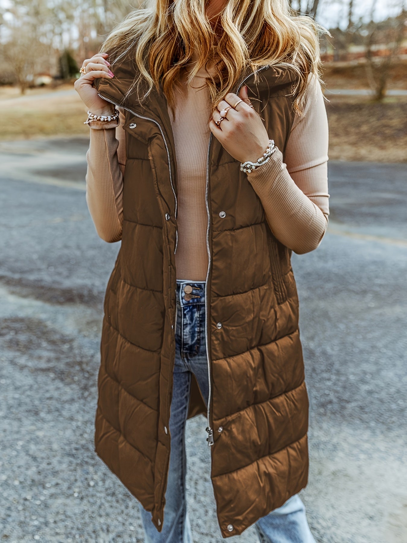 Sleeveless Hooded Puffer Long Vest Jacket Women's Clothing
