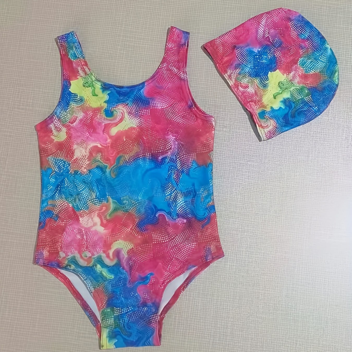 2pcs Toddler Girls Tie Dye Sleeveless Swimsuit & Cap Set Beach Bathing Suits