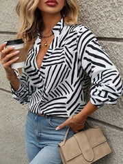 Women's Stripe Print Long Sleeve Notched Neck Blouse