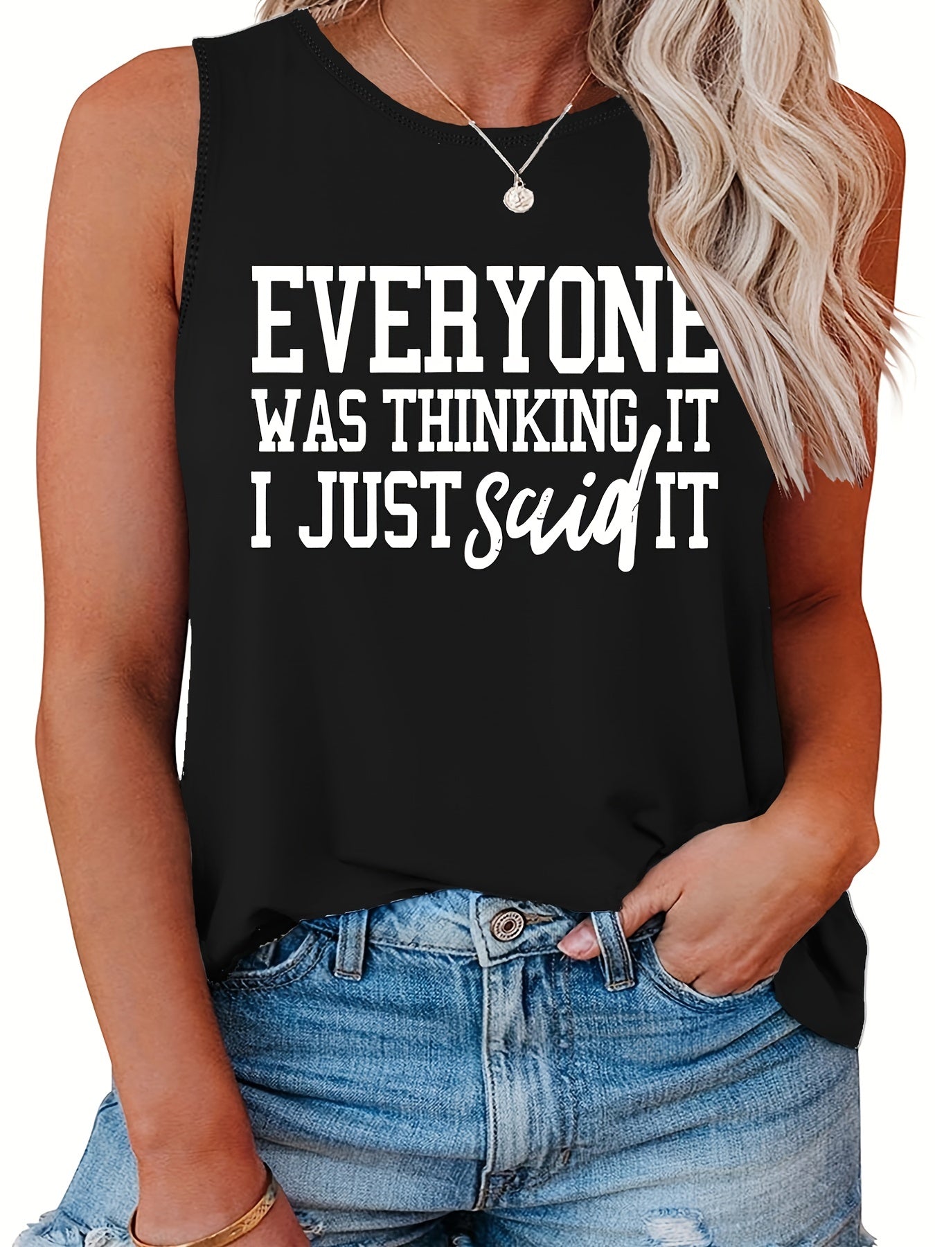 Casual Tank Top Women's Plus Slogan Print Round Neck Tank Top