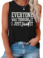 Casual Tank Top Women's Plus Slogan Print Round Neck Tank Top