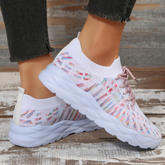Women's Knit Lace Up Sneakers Breathable Sports Shoes
