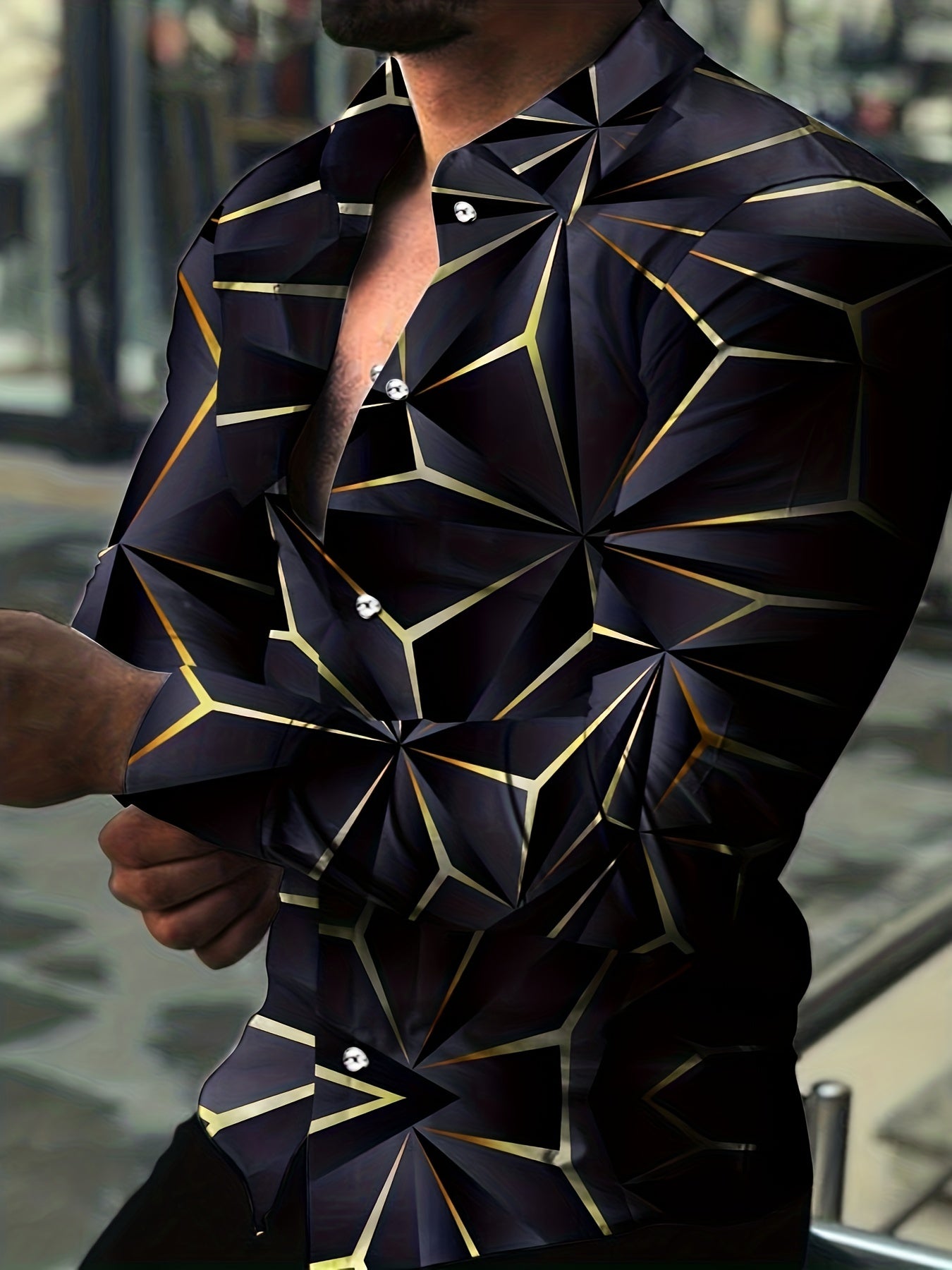 Geometric Print Men's Casual Button Up Long Sleeve Shirt