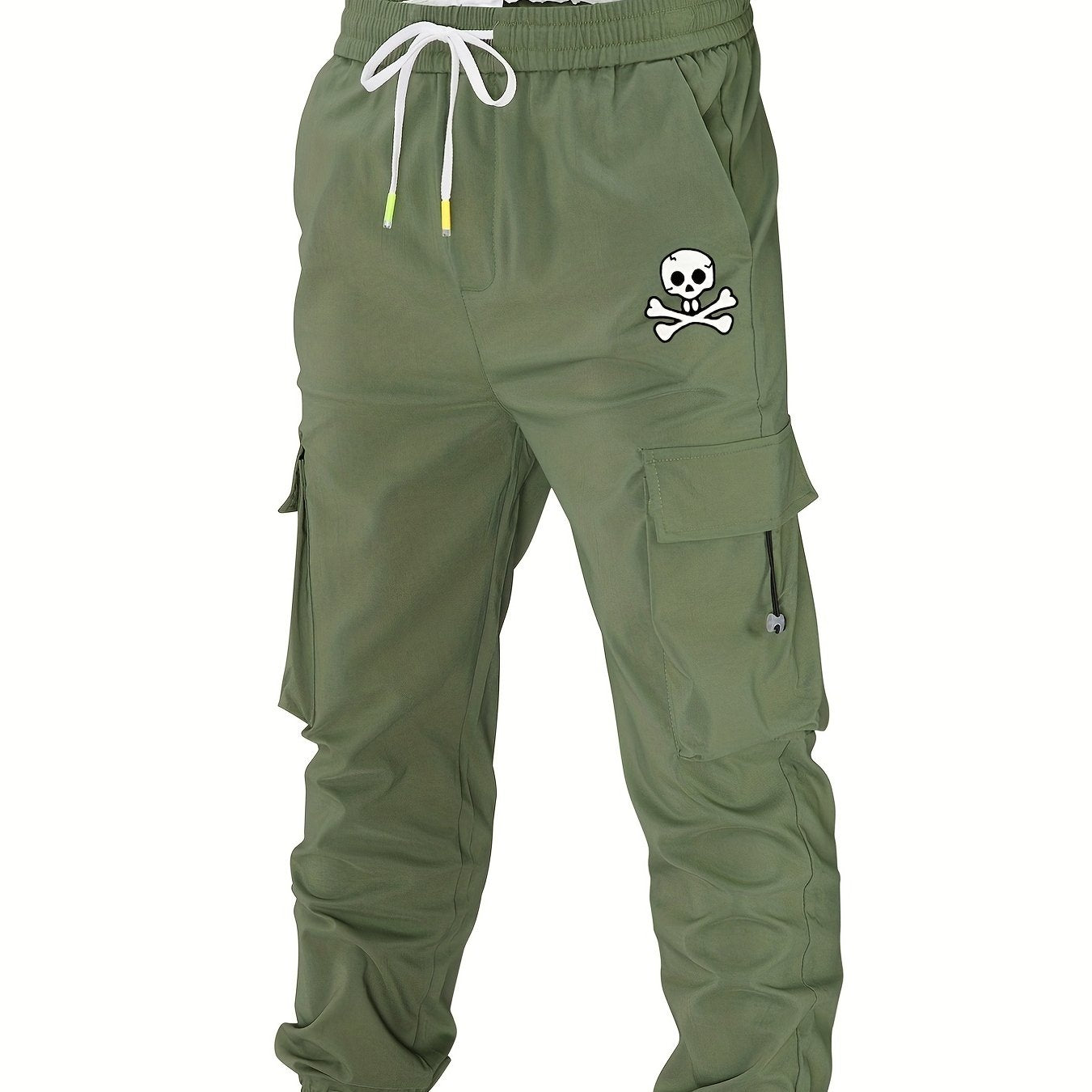 Skull Print Pocket Cargo Pants Men's Casual Loose Fit Solid Cargo Joggers