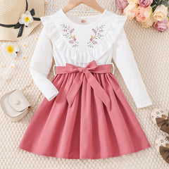 Girls Ruffled Splicing Dress With Belt Long Sleeves Round Neck Flowers Print Pri