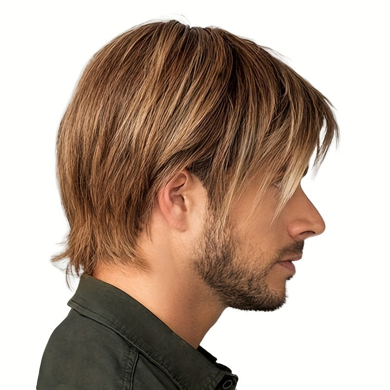 Men's Short Straight Golden Brown Wig with Fringe