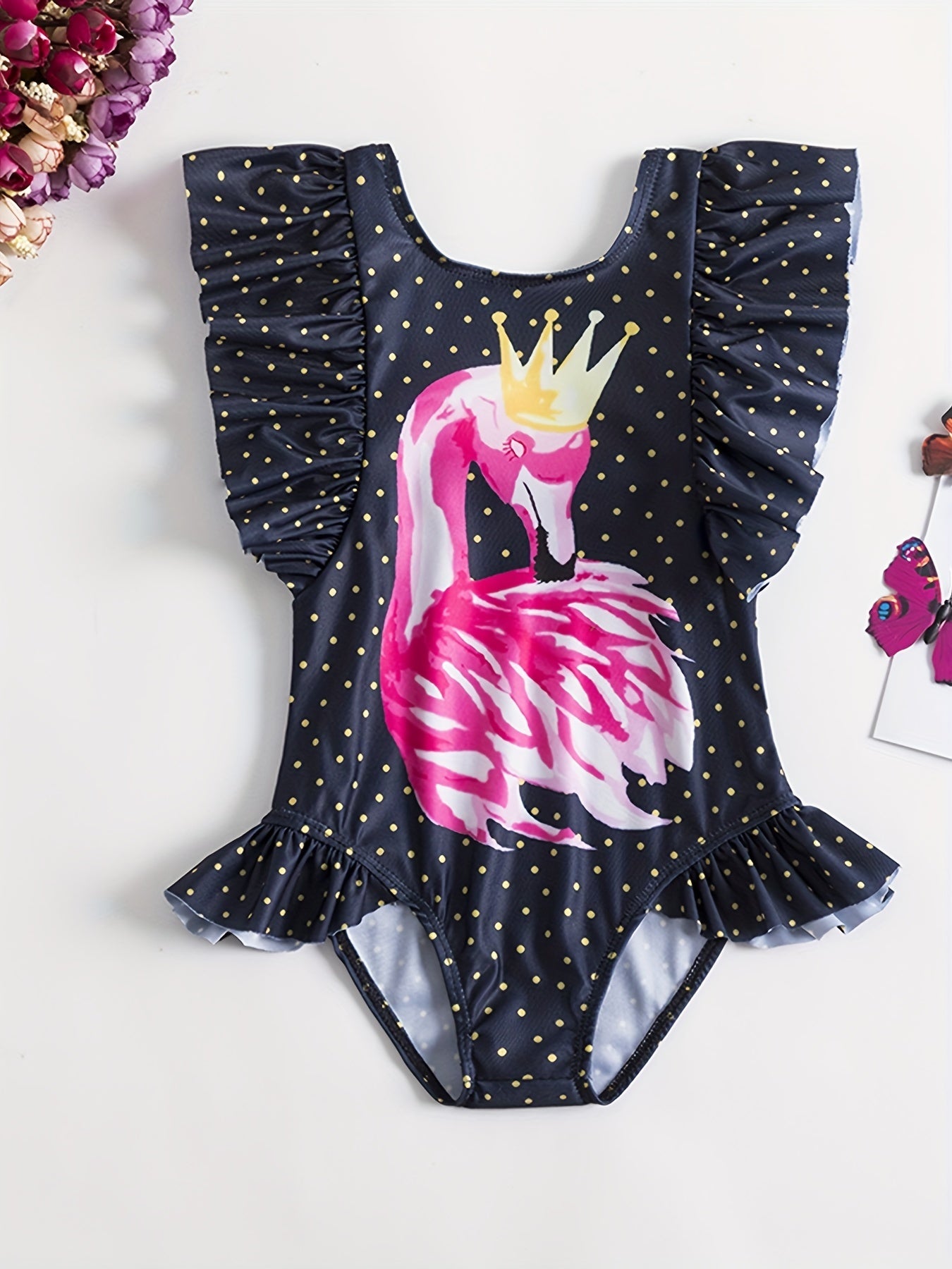 Flamingo Print Ruffled Onesie Swimsuit for Baby Girls